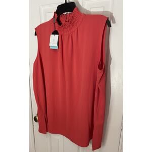 Ming Wang Smocked Mock Neckline Blouse - Crepe de Chine, Coral Medium